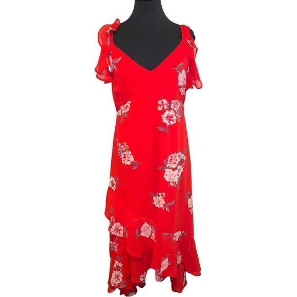 Speechless Red Floral A-Line V-Neck Short Sleeve Flutter Hem Midi Dress Size L - Picture 1 of 5